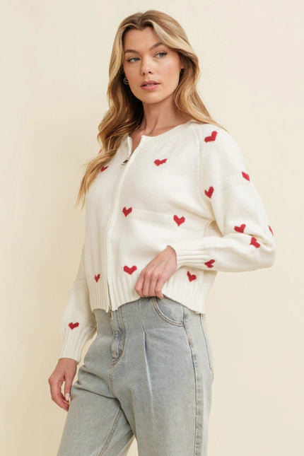 Heart Print Zip Up Sweater