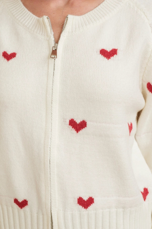 Heart Print Zip Up Sweater