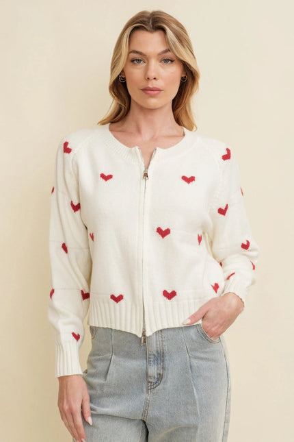 Heart Print Zip Up Sweater