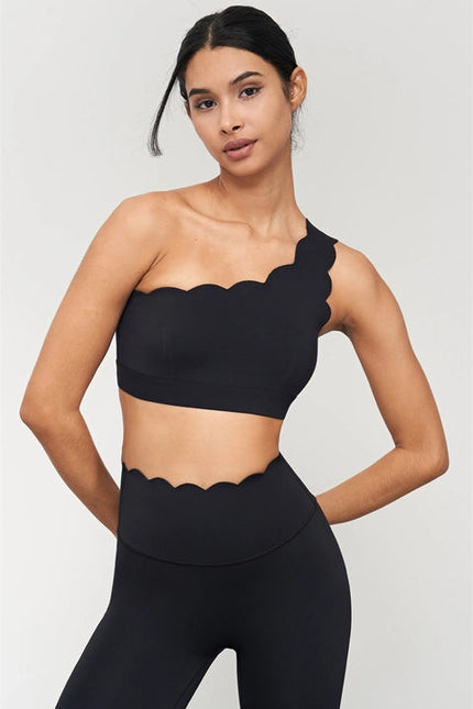 Helena Scalloped One Shoulder Sports Bra Black