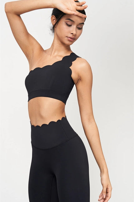 Helena Scalloped One Shoulder Sports Bra Black