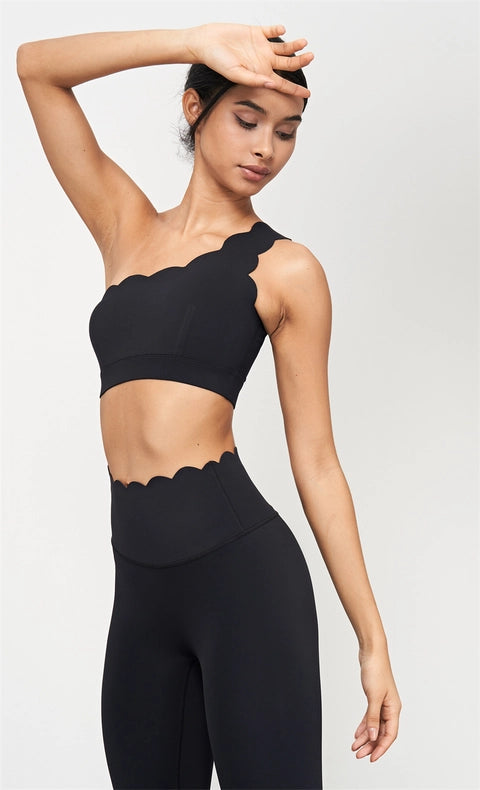 Helena Scalloped One Shoulder Sports Bra Black