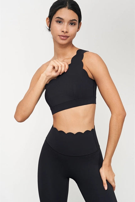 Helena Scalloped One Shoulder Sports Bra Black