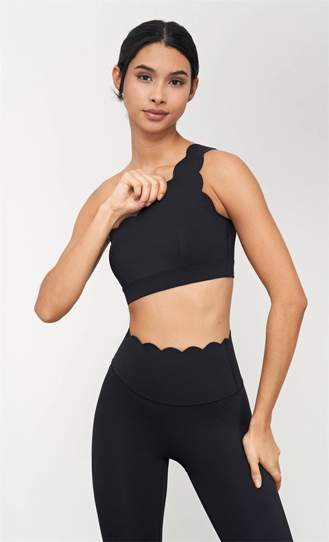 Helena Scalloped One Shoulder Sports Bra Black