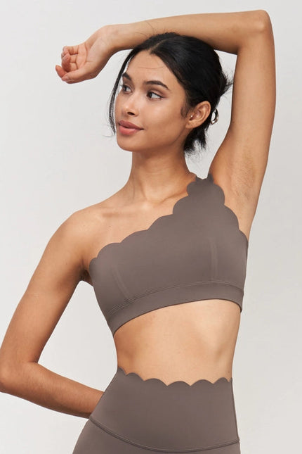 Helena Scalloped One Shoulder Sports Bra Khaki Brown