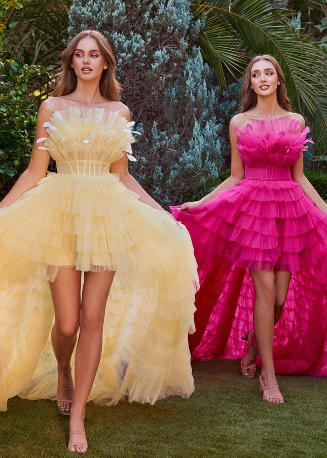 High Low Ruffled Tulle Gown With Feather Details-0