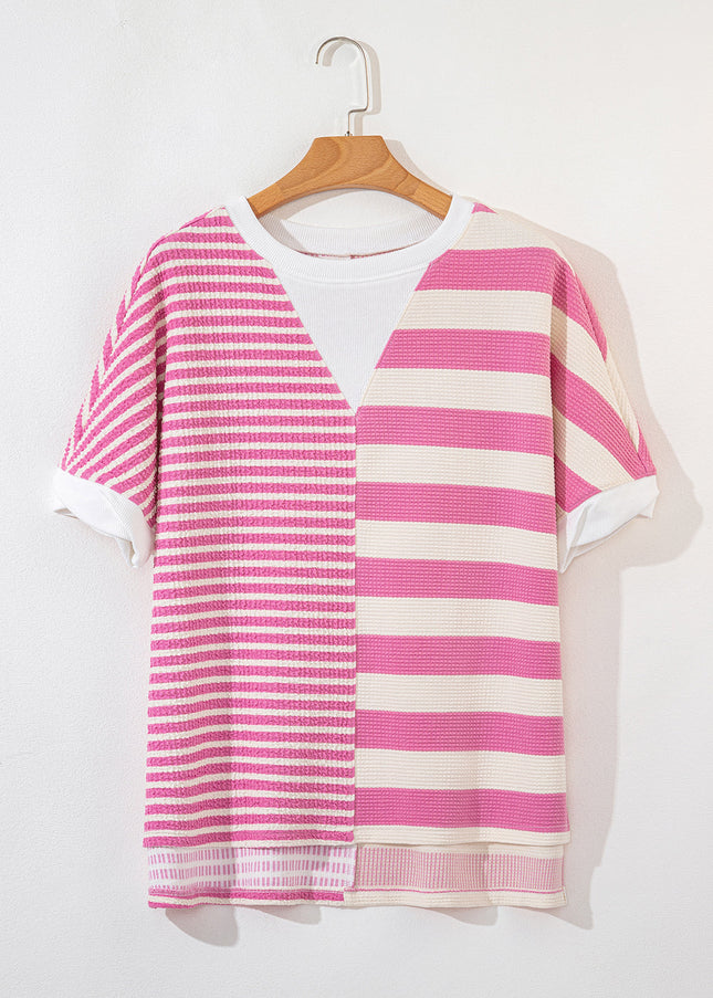 High-Low Striped Round Neck Short Sleeve T-Shirt