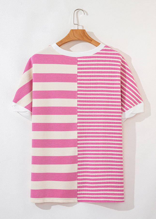 High-Low Striped Round Neck Short Sleeve T-Shirt