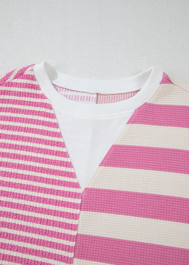 High-Low Striped Round Neck Short Sleeve T-Shirt