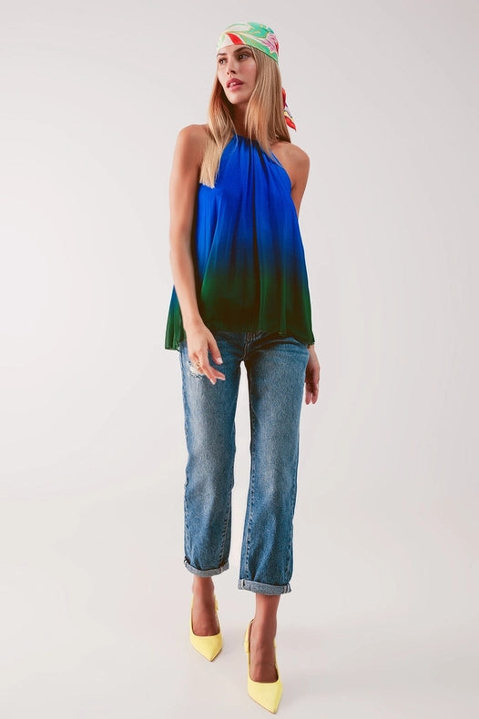 High Neck Pleat Top In Blue Ombre