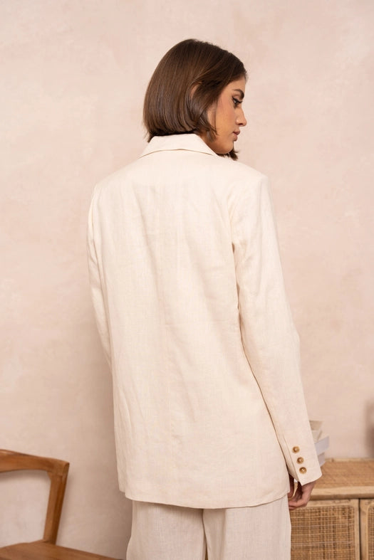 High Quality Linen Straight Cut Plain Blazer Jacket Beige