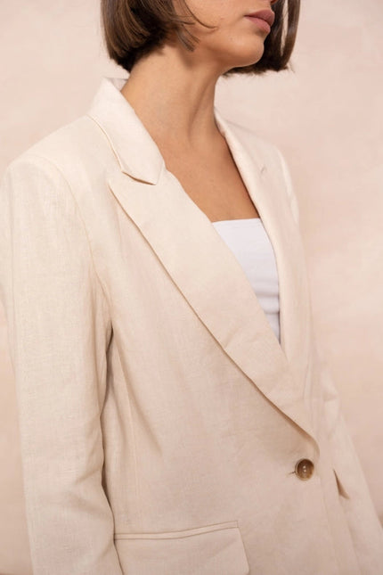 High Quality Linen Straight Cut Plain Blazer Jacket Beige