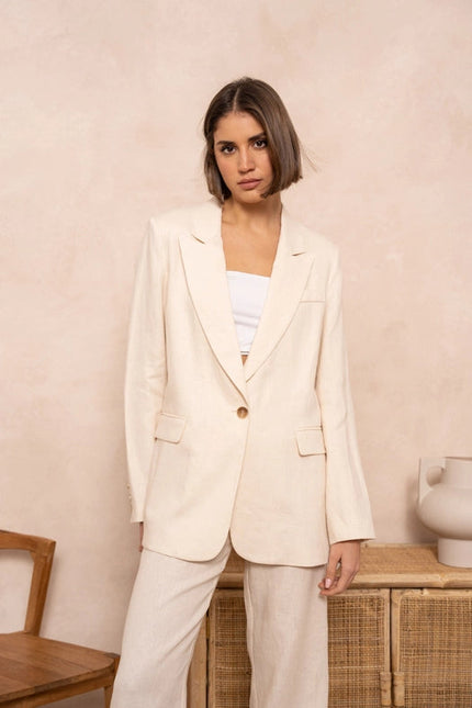 High Quality Linen Straight Cut Plain Blazer Jacket Beige