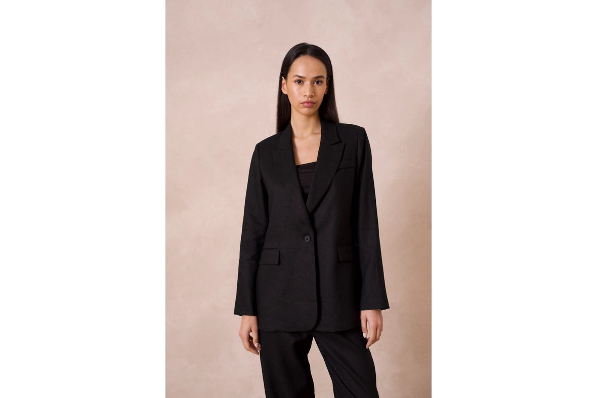 High Quality Linen Straight Cut Plain Blazer Jacket Black