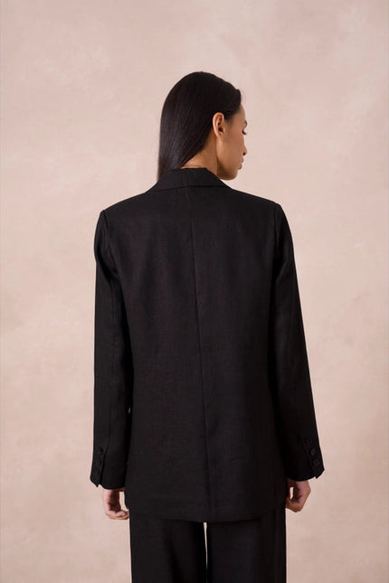 High Quality Linen Straight Cut Plain Blazer Jacket Black