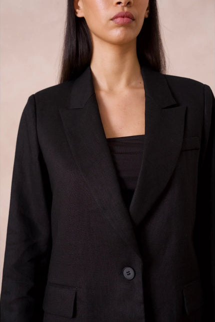 High Quality Linen Straight Cut Plain Blazer Jacket Black