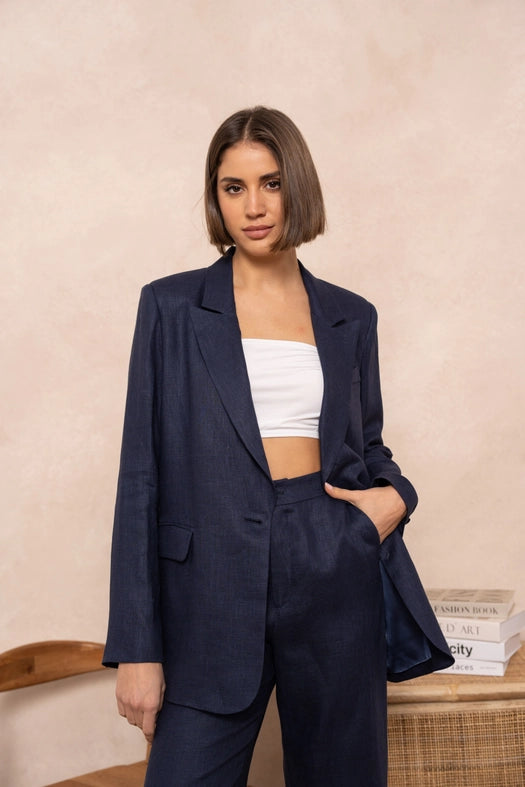 High Quality Linen Straight Cut Plain Blazer Jacket Navy Blue