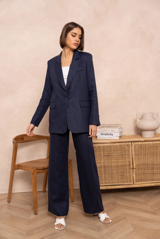 High Quality Linen Straight Cut Plain Blazer Jacket Navy Blue