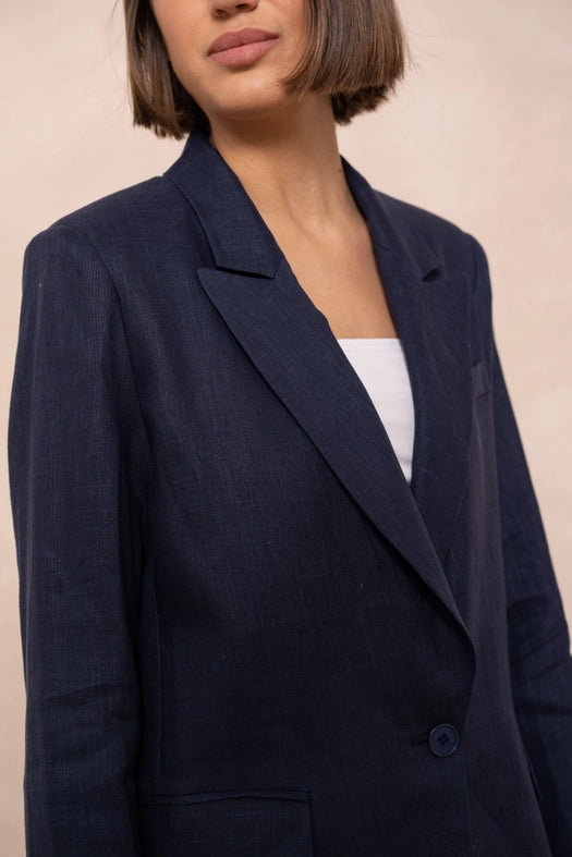 High Quality Linen Straight Cut Plain Blazer Jacket Navy Blue