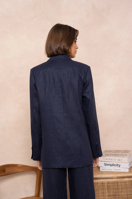 High Quality Linen Straight Cut Plain Blazer Jacket Navy Blue