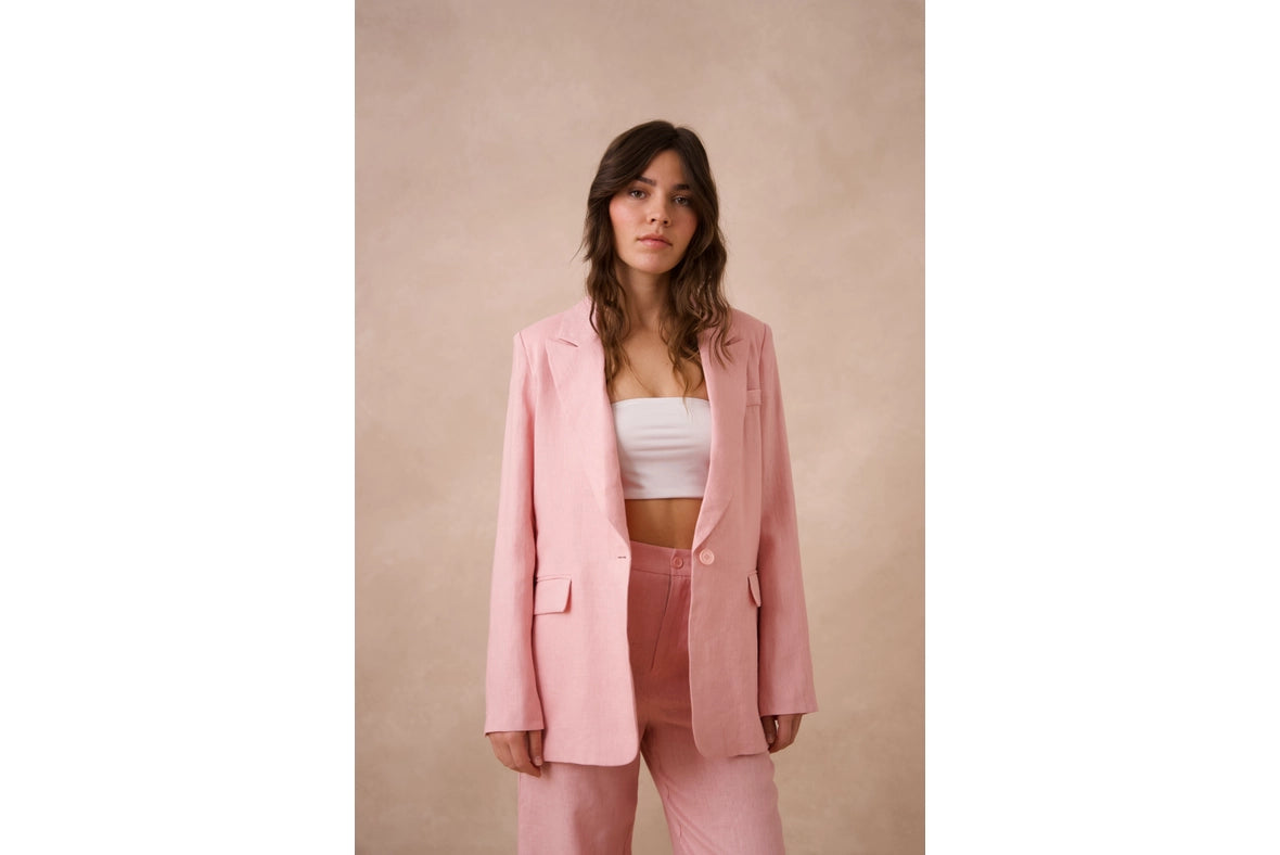 High Quality Linen Straight Cut Plain Blazer Jacket Pink