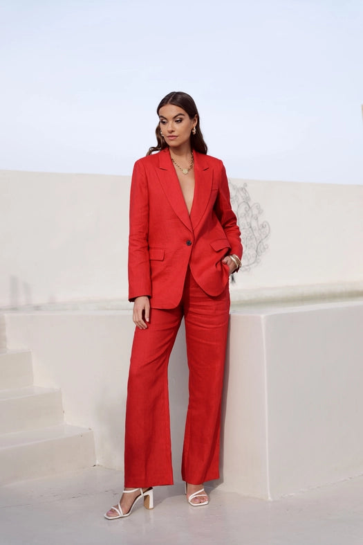 High Quality Linen Straight Cut Plain Blazer Jacket Red