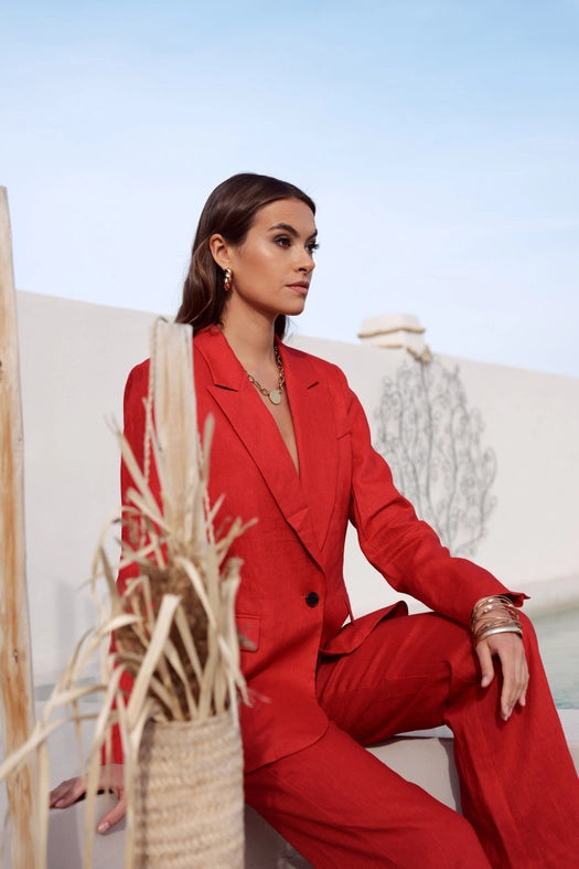 High Quality Linen Straight Cut Plain Blazer Jacket Red