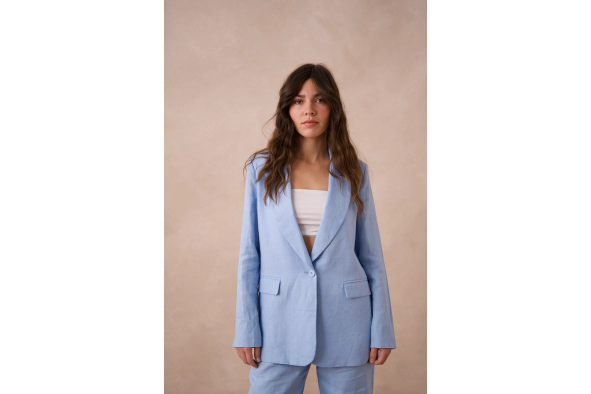 High Quality Linen Straight Cut Plain Blazer Jacket Sky Blue