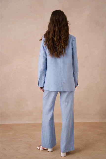 High Quality Linen Straight Cut Plain Blazer Jacket Sky Blue