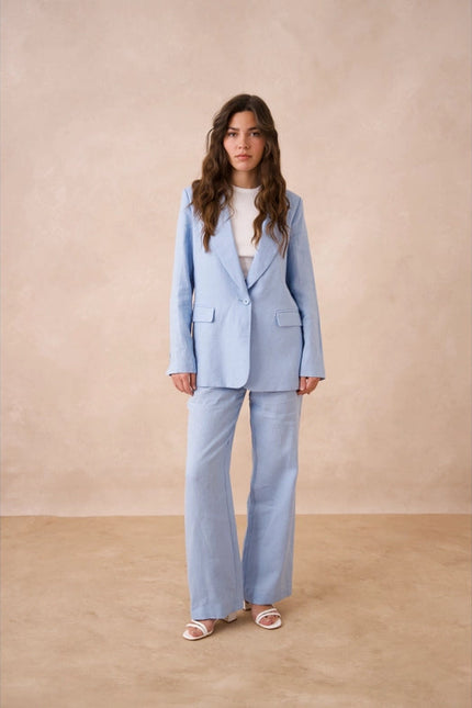 High Quality Linen Straight Cut Plain Blazer Jacket Sky Blue