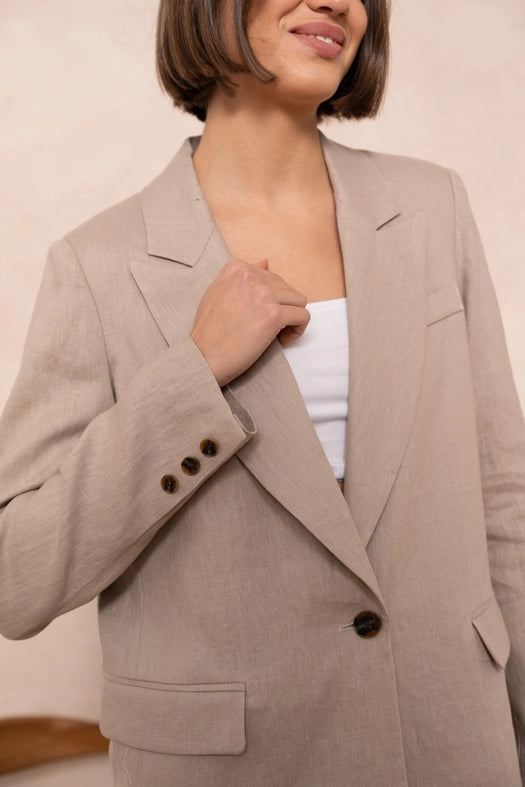 High Quality Linen Straight Cut Plain Blazer Jacket Taupe