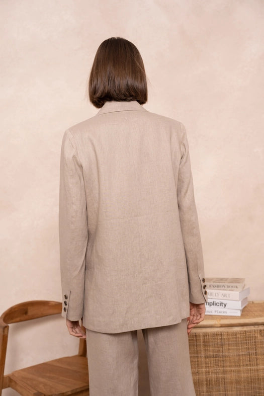 High Quality Linen Straight Cut Plain Blazer Jacket Taupe