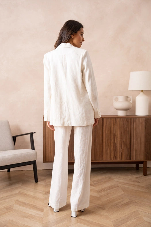 High Quality Linen Straight Cut Plain Blazer Jacket White