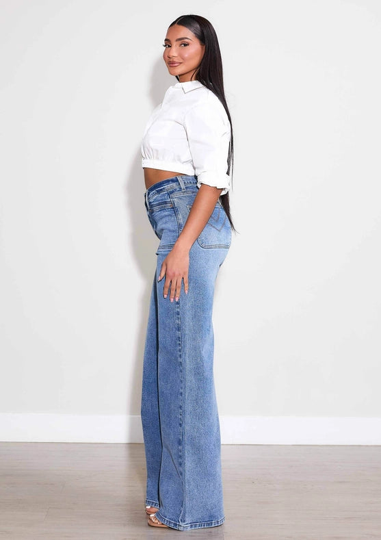 High-Rise Square Pocket Wide Leg Jeans