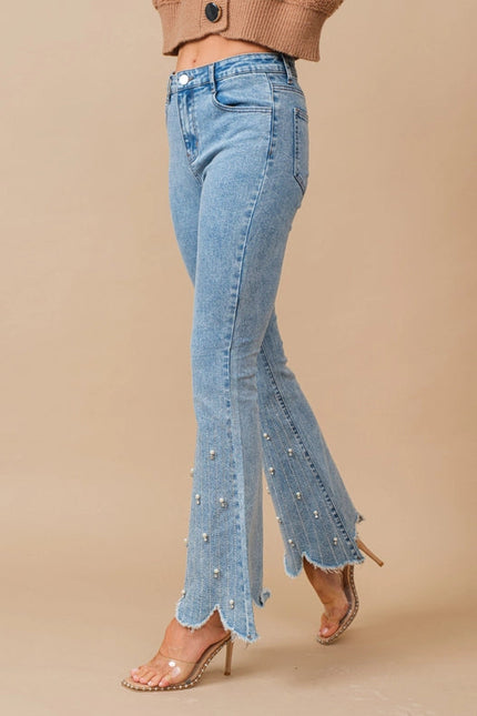 High Waist Scallop Flare W/ Rhinestone Trim Jeans