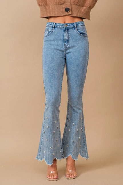 High Waist Scallop Flare W/ Rhinestone Trim Jeans