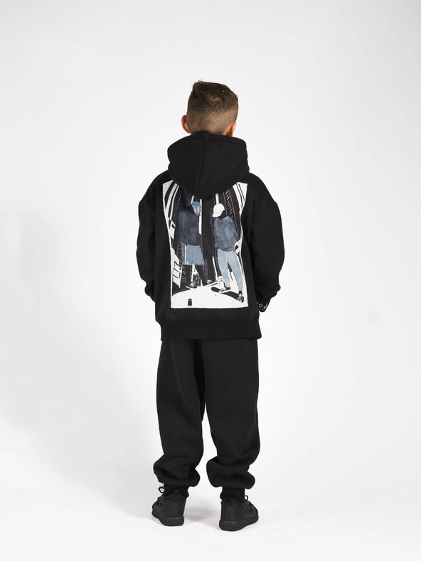 Hoj AW22 Boys Black Illustrated Canvas Hoodie