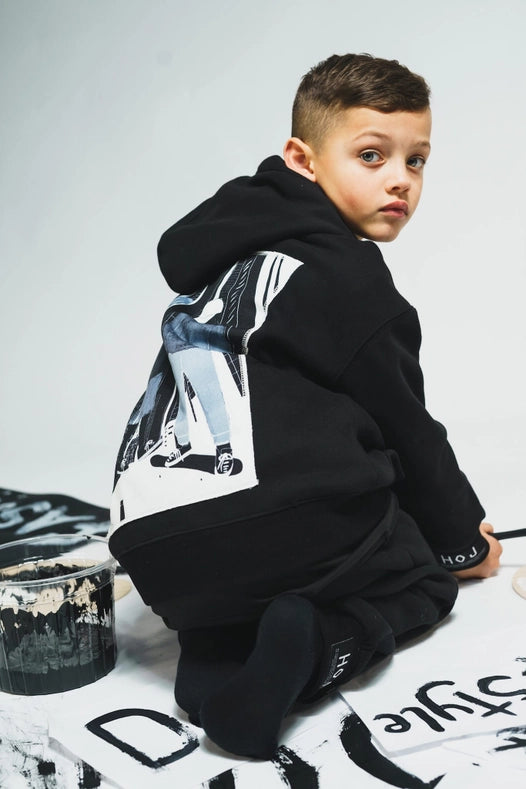 Hoj AW22 Boys Black Illustrated Canvas Hoodie