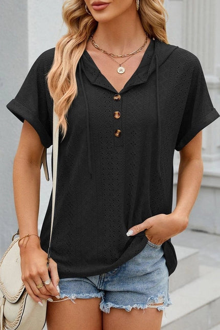 Hooded Button-Down Loose T-Shirt Black