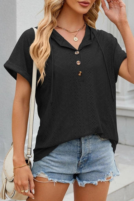 Hooded Button-Down Loose T-Shirt Black