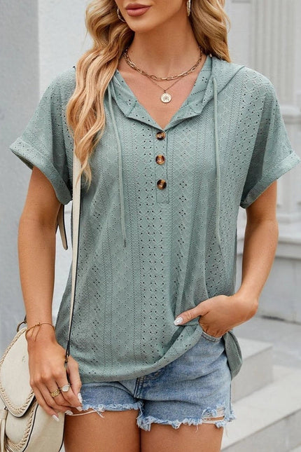 Hooded Button-Down Loose T-Shirt Dark Green