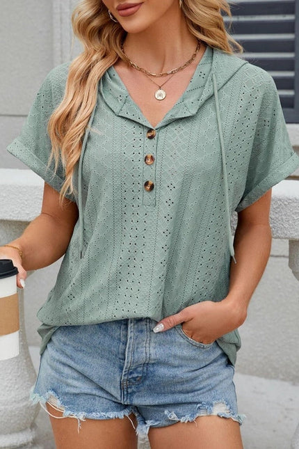 Hooded Button-Down Loose T-Shirt Dark Green