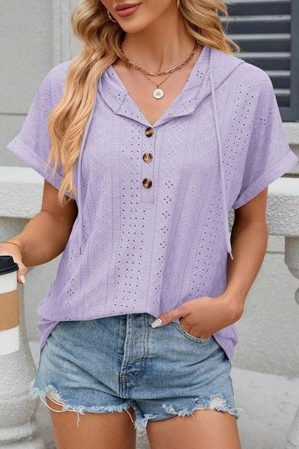 Hooded Button-Down Loose T-Shirt Purple