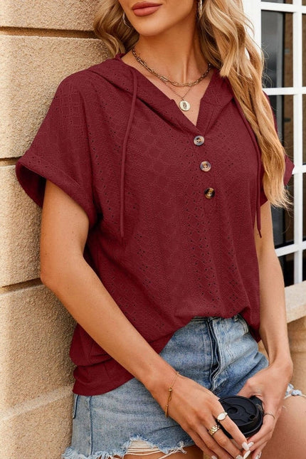 Hooded Button-Down Loose T-Shirt Wine Red