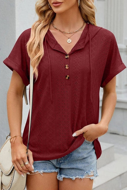 Hooded Button-Down Loose T-Shirt Wine Red