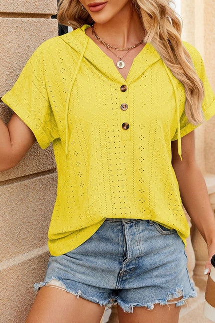 Hooded Button-Down Loose T-Shirt Yellow