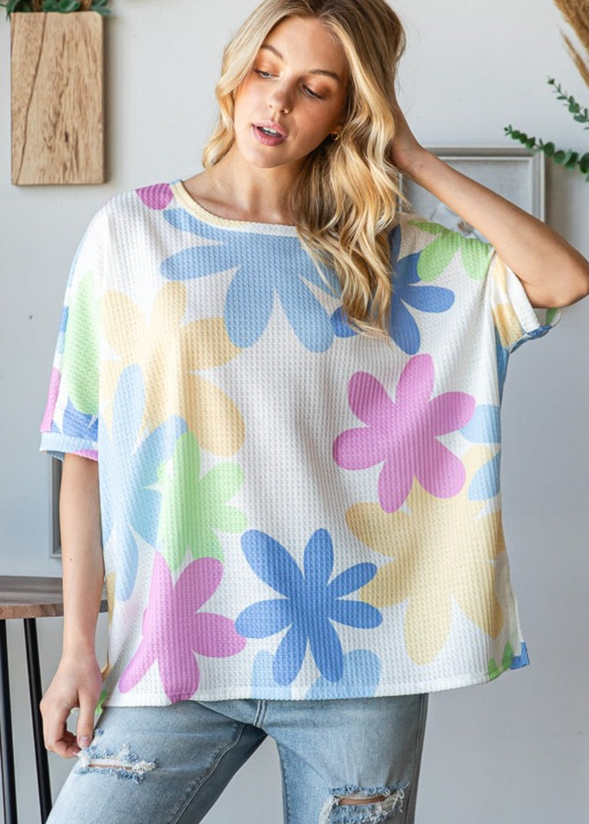 Hopely Floral Round Neck Waffle T-Shirt