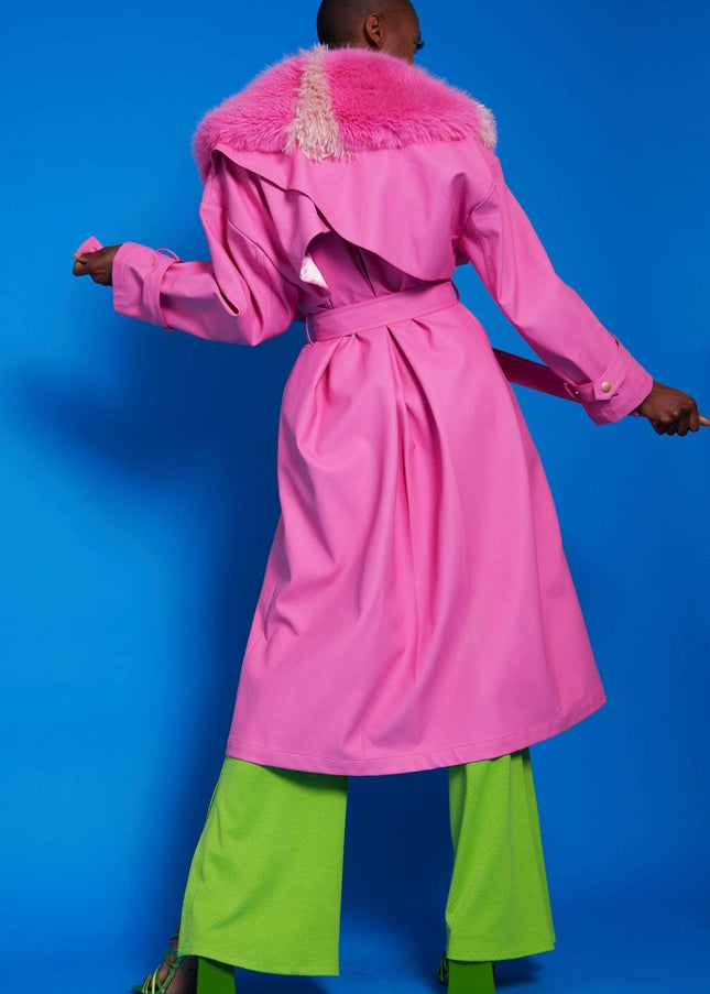 Hot Pink Eco Leather Trench Coat-3