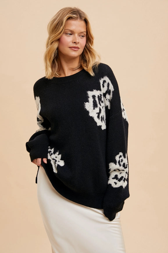 Intarsia Floral Knitted Sweater Black