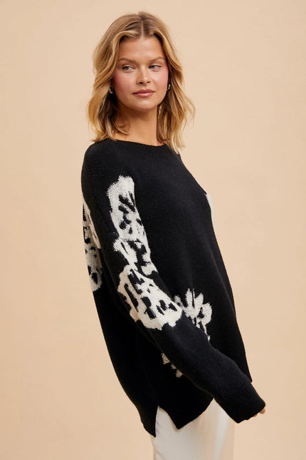 Intarsia Floral Knitted Sweater Black